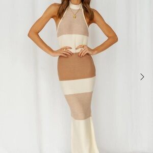 Hello Molly Striped Halter Maxi Dress in Tan and Cream